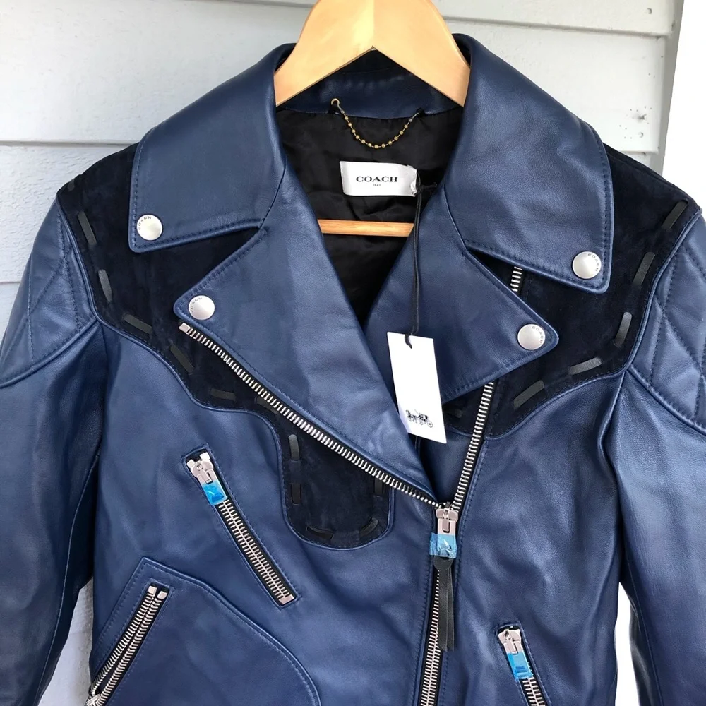 Coach Jacket Moto Leather Blue Zippers NWT 4